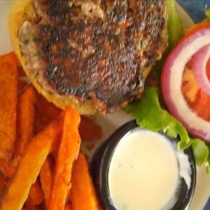 bison burger at cafe evergreen