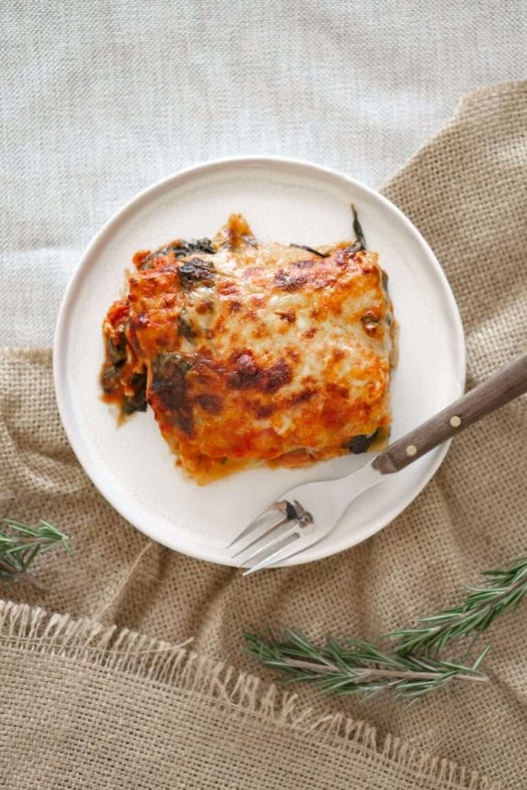 lasagna on white ceramic plate