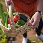 person holding brown woven basket with red and green vegetable