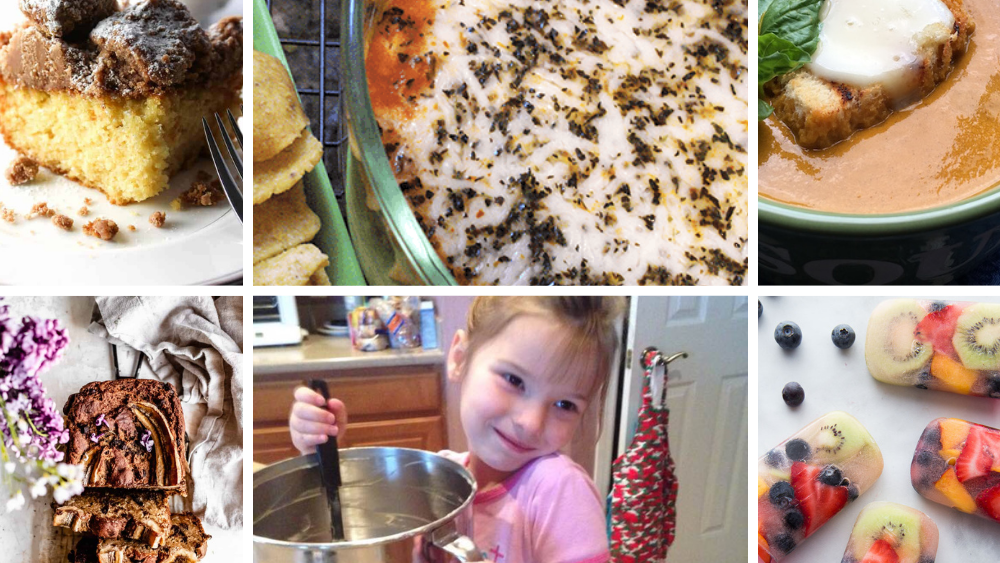 A collection of easy recipes for kids to make with a picture of a little girl cooking in the kitchen