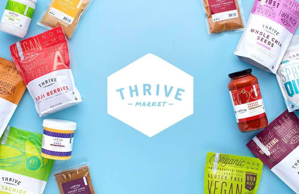 Thrive Market Logo with groceries surrounding it