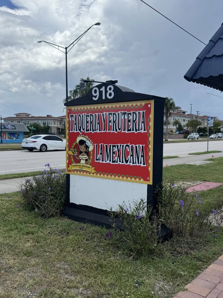 Street view of the Taqueria y Fruteria La Mexicana sign at 918 S Tamiami Trail in Nokomis, Florida.