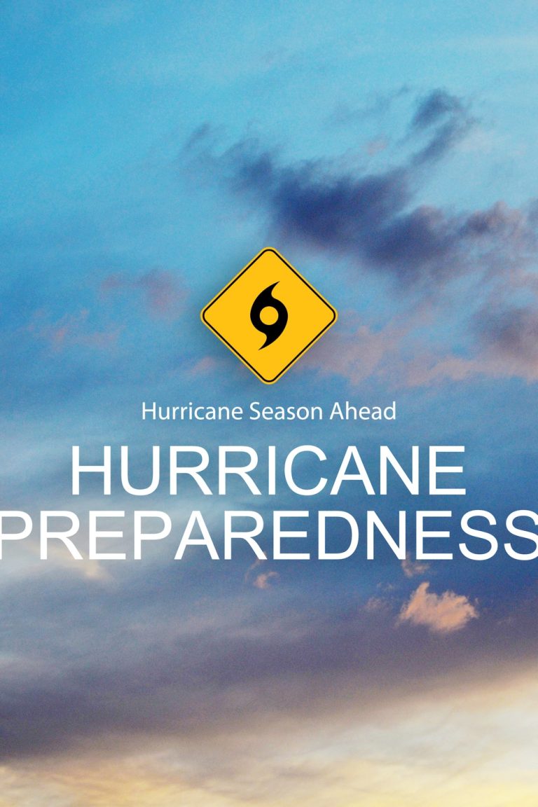 A yellow hurricane sign warning of hurricane season and displaying the words "hurricane preparedness" in white letters.