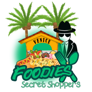 Venice Foodies Secret Shoppers logo featuring palm trees, local food, and a mystery diner graphic, representing confidential restaurant feedback services in Venice and Sarasota County, Florida.