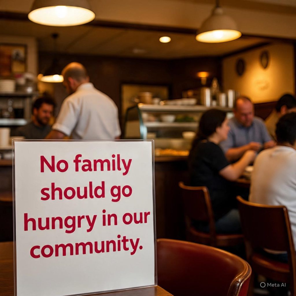 D'Angelos offering meals for those without EBT in Venice, "No family should go hungry in our community" on the sign