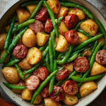 sausage potatoes and green beans served in a bowl