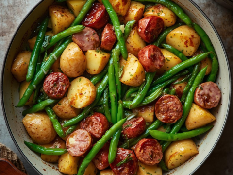 sausage potatoes and green beans served in a bowl