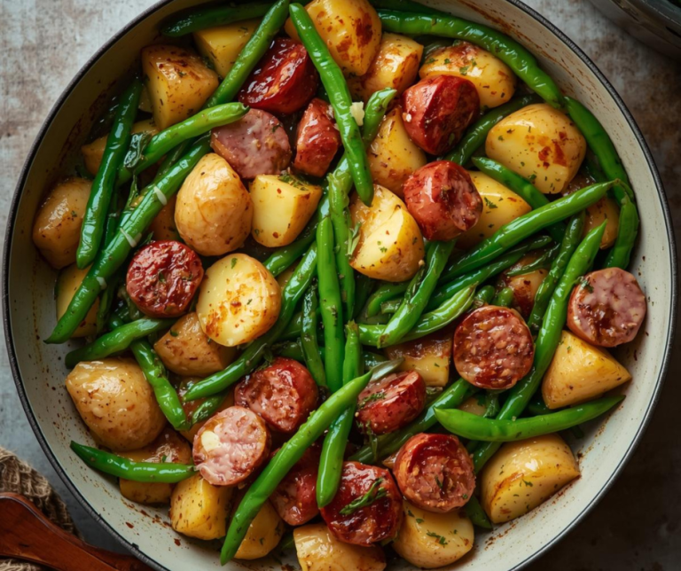 sausage potatoes and green beans served in a bowl