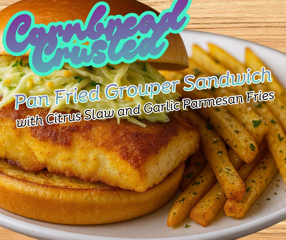 A cornbread crusted pan fried grouper sandwich with orange citrus slaw and garlic parmesan fries on a white plate and wooden table backdrop