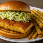 cornbread crusted pan fried grouper sandwich with citrus slaw and parmesan garlic fries on a plate