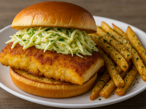 cornbread crusted pan fried grouper sandwich with citrus slaw and parmesan garlic fries on a plate