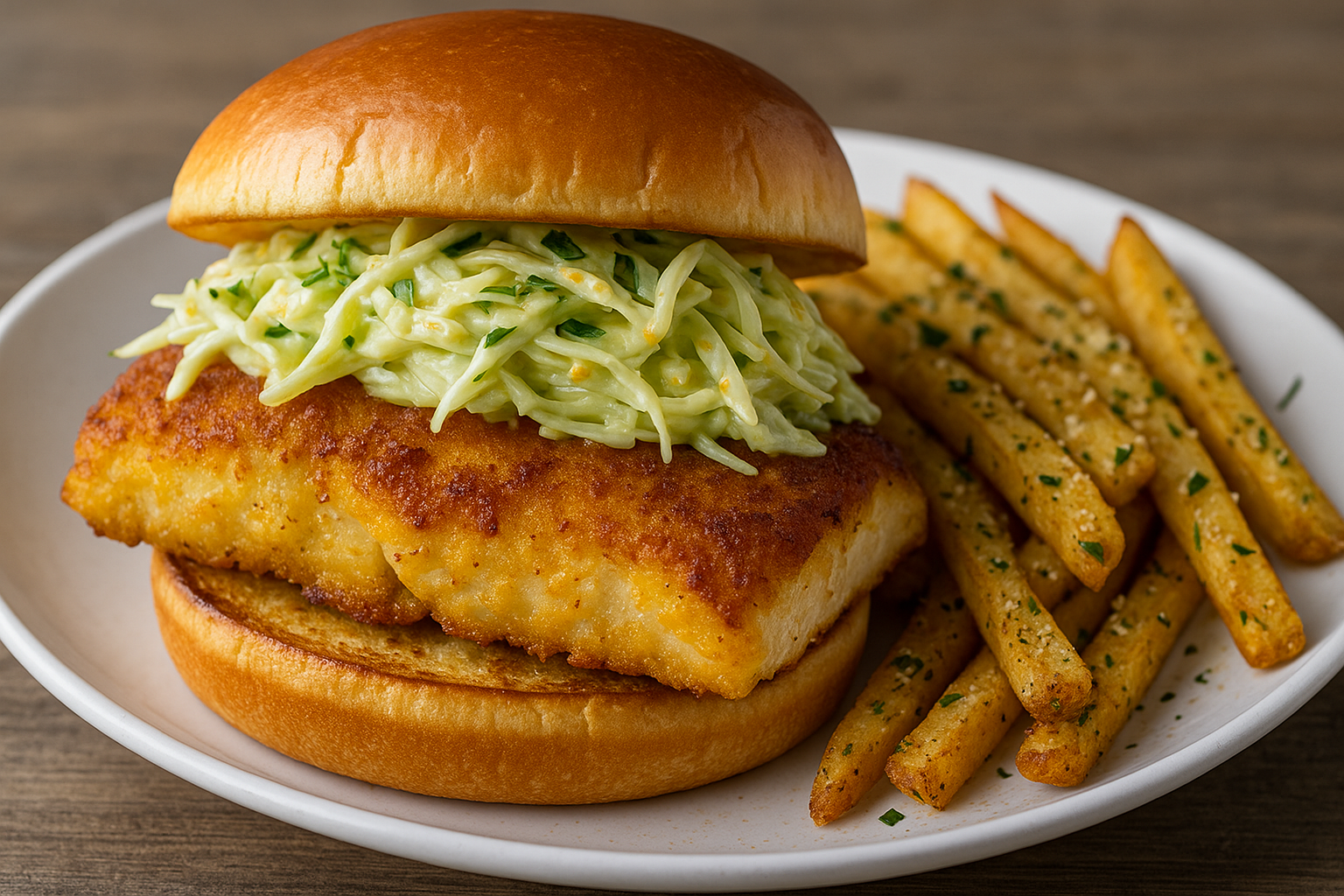 cornbread crusted pan fried grouper sandwich with citrus slaw and parmesan garlic fries on a plate